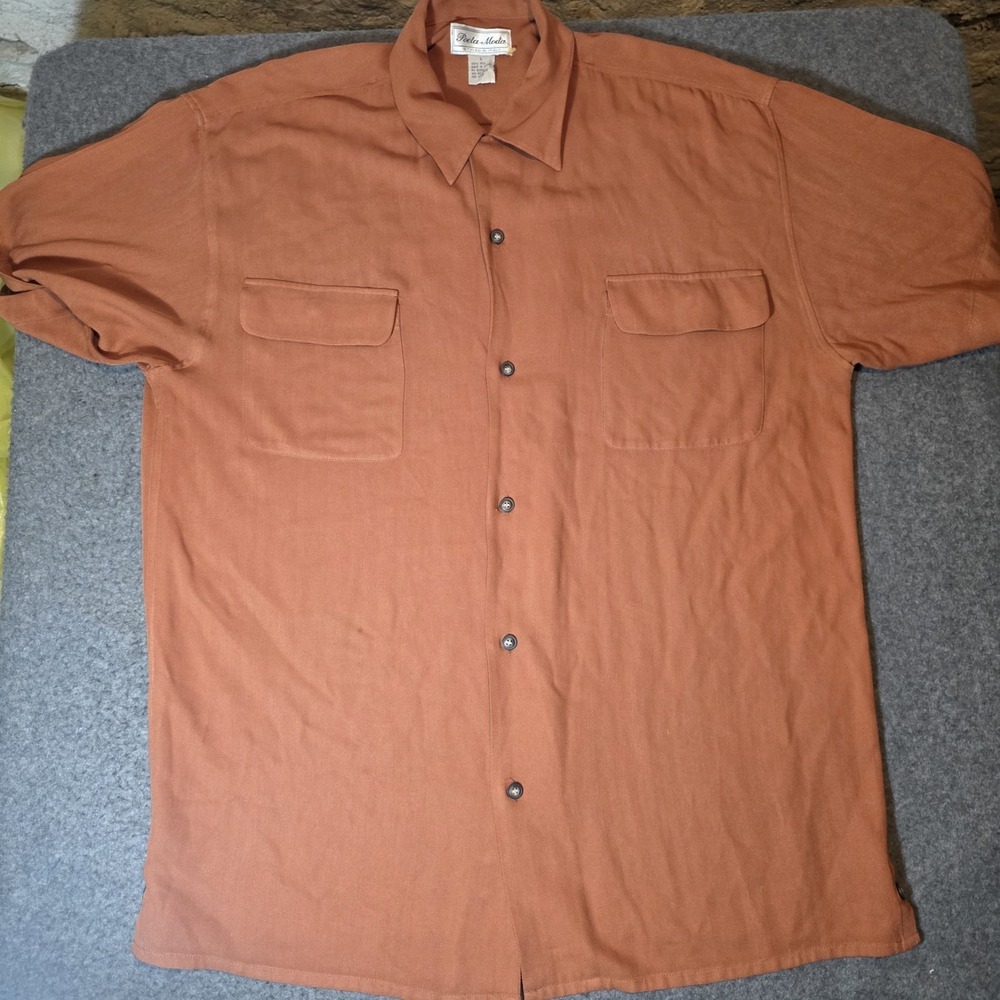 Poeta Moda 100% Silk Orange Double Pocket Short Sleeve Button Up Large 865